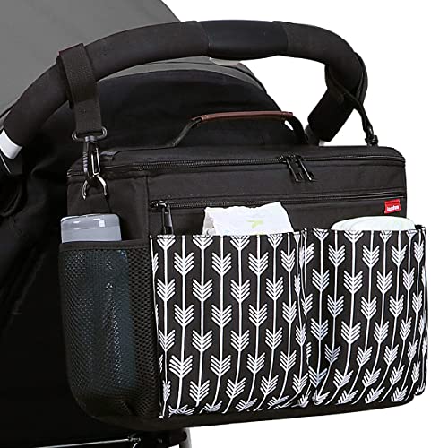 Image of Landuo Baby Stroller Organizer with Insulated Cup Holders Diaper Storage Secure Straps Pockets for Phone Compact Design Fit All Strollers (black)
