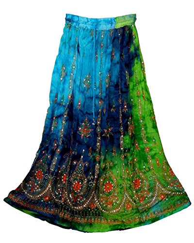 Radhy krishna fashions Multi tie dye Yoga Trendz Women's Sequined Crinkle Broomstick Gypsy Long Skirt (Green Multi)