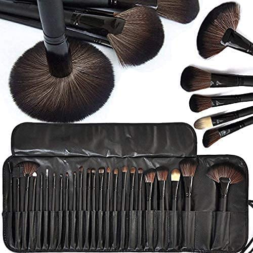 Fiber Bristle Makeup Brush Set with Black Leather Case BLACK, 24