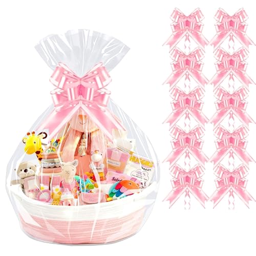 PigPotParty 10 Pack 24x30 Inch Large Cellophane Bags for Gift Baskets, Thick Clear Plastic Basket Wrap, Includes 10 Large Gold Pull Bows