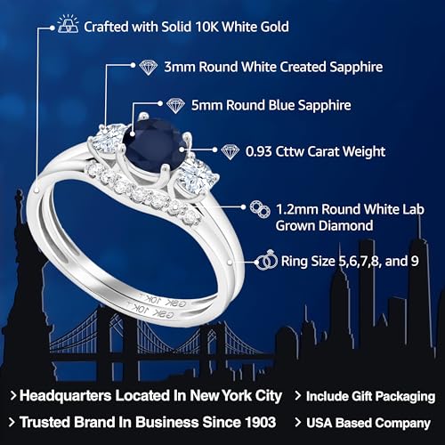 Gem Stone King 10K White Gold Sapphire & White Created Sapphire and Lab Grown Diamond 3-Stone Bridal Engagement Wedding Ring Set For Women | 0.93 Cttw | September Birthstone | Round 5MM2