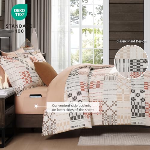 Image of MaiReve Queen Comforter Set, Classic Plaid Farmhouse Bedding Sets 7 Pieces, Beige All Season Bed in A Bag with Sheets, Pillowcases & Shams