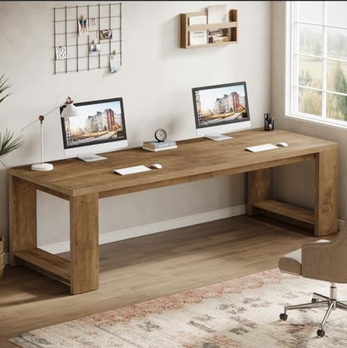 Image of Tribesigns Two Person Desk Set of 2, 86.6-Inch Extra Long Wood Desk, Double Computer Writing Table, Wood Large Workstation for Home Office, Wood Color