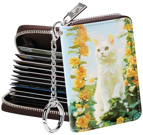 Image of FurArt Zipper Wallet Women, RFID Blocking Credit Card Wallet, Business Card Holder, Compact Size KeyChain Wallet, Roses and Cat, small