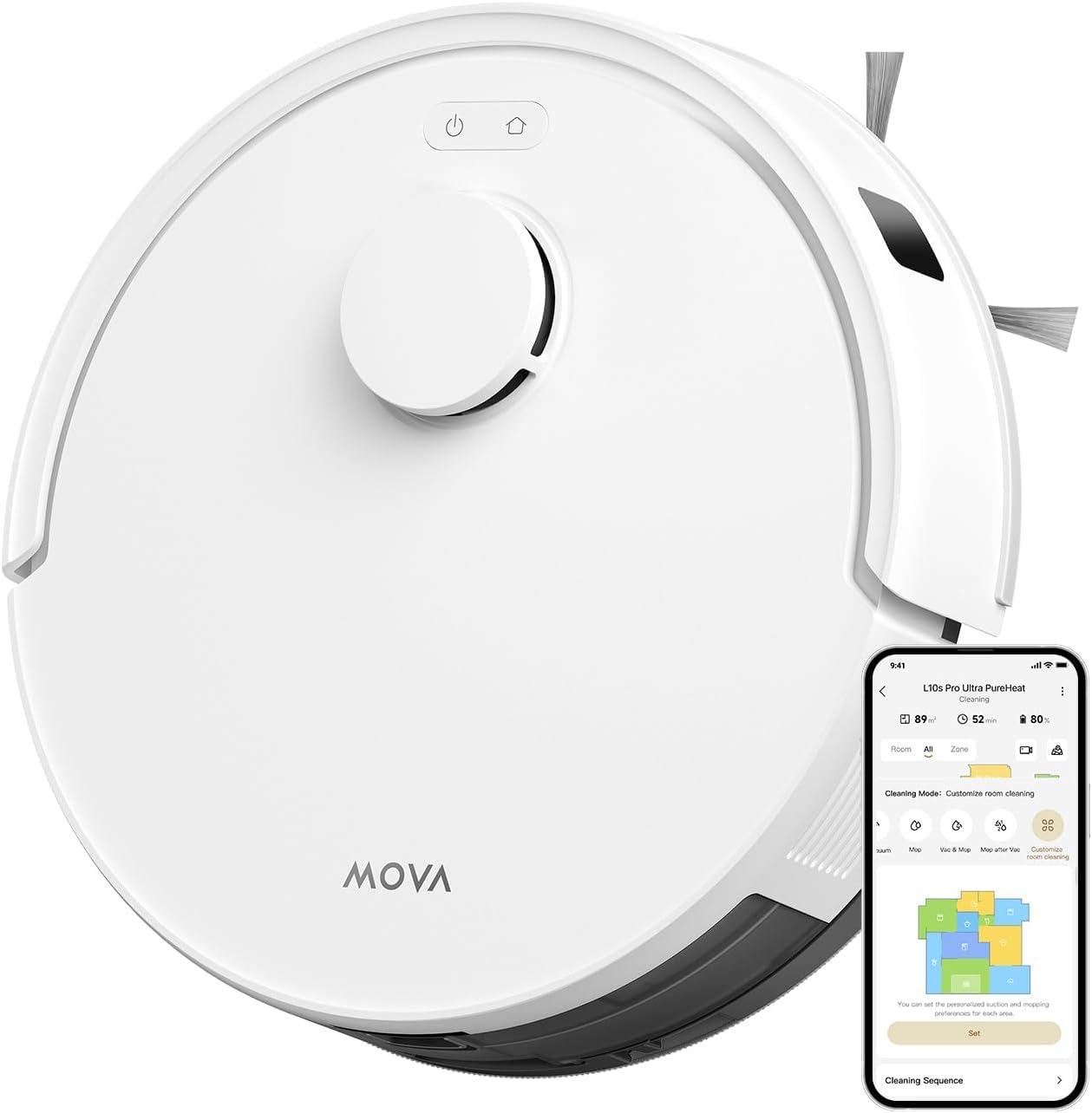 Mova E20 Robot Aspirador y Fregasuelos, Navegación LDS, 5,000 Pa, 150mins Aspiradora y Mopa 2 en 1, Control App/Alexa/Google, Tecnología Smart Pathfinder™, Ideal para Pelo de Mascotas y Alfombras