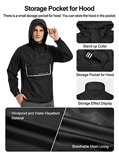 KUTOOK Men's Waterproof Pullover Rain Jacket Reflective Hooded Windbreaker Lighteweight Breathable Raincoat with Pockets3