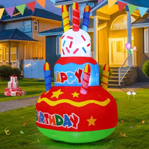 GOOSH 6.2 FT Birthday Inflatables Outdoor Decorations Cake with Candle, Happy Birthday Blow Up Yard Decoration with Colorful Rotating LED Lights for Party Garden Lawn