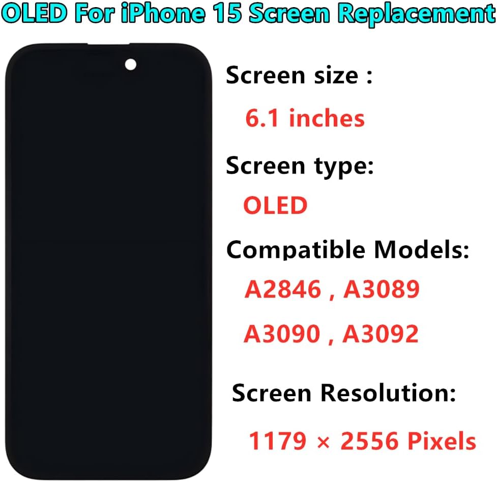 OLED for iPhone 15 Screen Replacement Kit [Soft OLED,NOT LCD] 6.1'' Full HD Display 3D Touch Digitizer Assembly A2846 A3089 A3090 A3092 with Repair Tools and Waterproof sealant