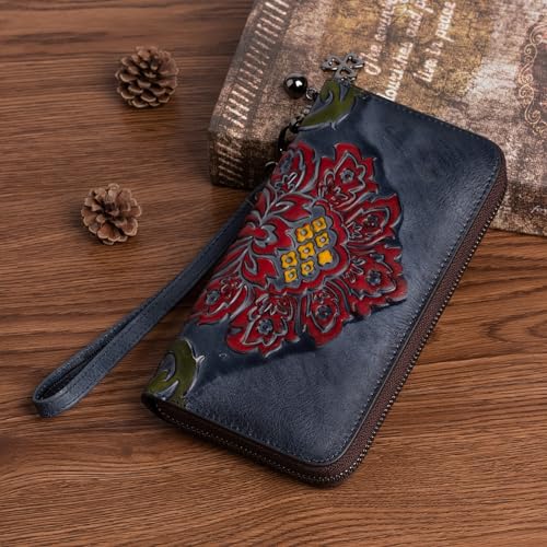 Women Long Wallet Vintage Embossing Ethnic Style Card Holder Genuine Leather Clutch Large Capacity Multi Pocket Purse (Black)4