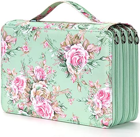 Colored Pencil Case - 200 Slots Pencil Holder with Zipper Closure Twill Fabric Large Capacity Pencil Case for Watercolor Pens or Markers, Pencil Case Organizer for Artist or Student (Green Rose)