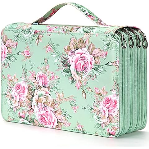 Vomgomfom Colored Pencil Case - 200 Slots Pencil Holder with Zipper Closure Twill Fabric Large Capacity Pencil Case for Watercolor Pens or Markers, Pencil Case Organizer for Artist (Green Rose) Cover
