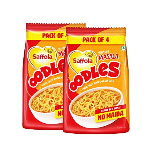 Image of Saffola Oodles, Instant Noodles, Ring Shape, Yummy Masala Flavour, No Maida, Whole Grain Oats, 8 X 46G Pouch (8 Serves) - Yummy Masala