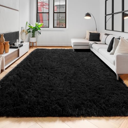Amdrebio Black Area Rugs for Bedroom, 5x8, Large Fluffy Rug for Living Room Decor, Modern Cool Rugs for Kids, Boys, Men, Furry Shaggy Carpets for Classroom, Fuzzy Plush Gothic Carpet for Home Office