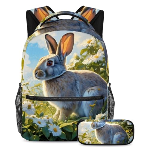 Sac à dos lapin fleur avec trousse d'école assortie pour fillette active
