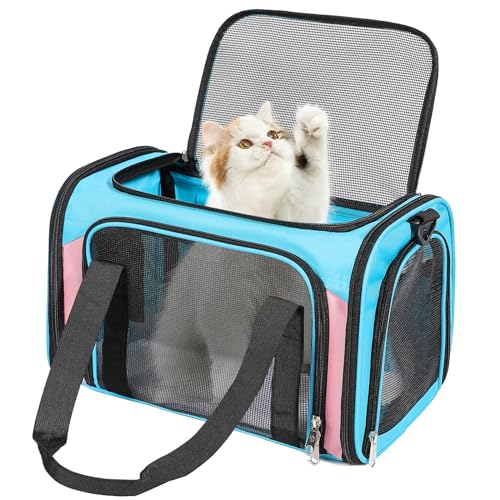 Discala Cat Dog Carrier Up to 15 Lbs TSA Airline Approved Pet Carrier for Small Medium Cats Puppies Dog Carriers for Small Dogs Collapsible Soft Sided Cat Travel Carrier – Blue&Pink 17″x11″x11″