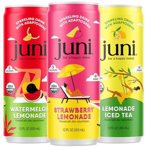 Juni Sparkling Adaptogen Drink with Ashwagandha Lions Mane & Reishi Mushrooms Green Tea for Focus Zero Sugar Strawberry Watermelon Lemonade Iced Tea Variety Pack 12-pack