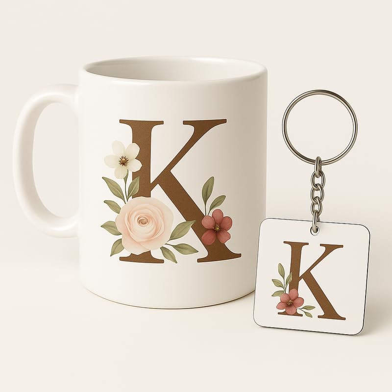 Image of Letter K Mug and Keychain Set - Elegant Floral Monogram Gift for Her /Him - Coffee Cup and Key Ring with Initial K - Coffee Mug for Everyone Any Occasion 4646 11