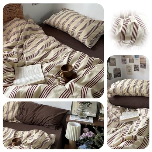 Image of Duvet Cover Set Full Size,Brown White Striped Patterned Bedding Set for Girls Boys,Modern Soft Breathable Microfiber Comforter Cover 3 Pieces with Zipper Closure and 2 Pillow Shams