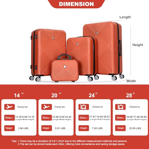 4-Piece Lightweight ABS Luggage Set - Dark Orange (14" Makeup Box, 360° Spinner Wheels, 18/20/24/28 Inch)4