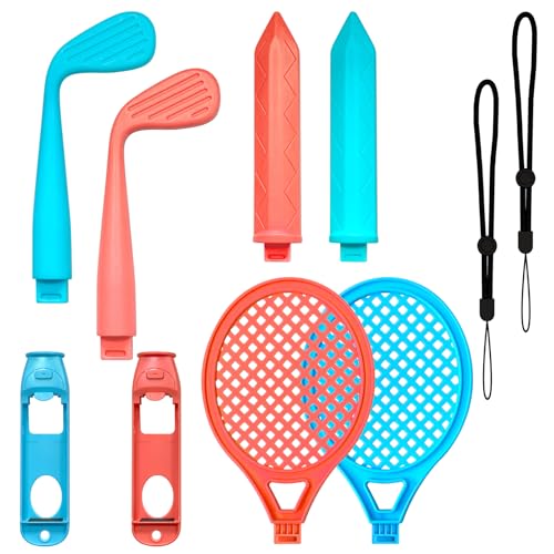 Sports Game Accessories Bundle for Nintendo Switch 2 (2025) , 10 in 1 Motion Control Kit of Golf Clubs Sword Tennis Rackets Detachable Joy-Con Handle Grips Family Party for Switch Sports & Mario Golf (Blue Orange)