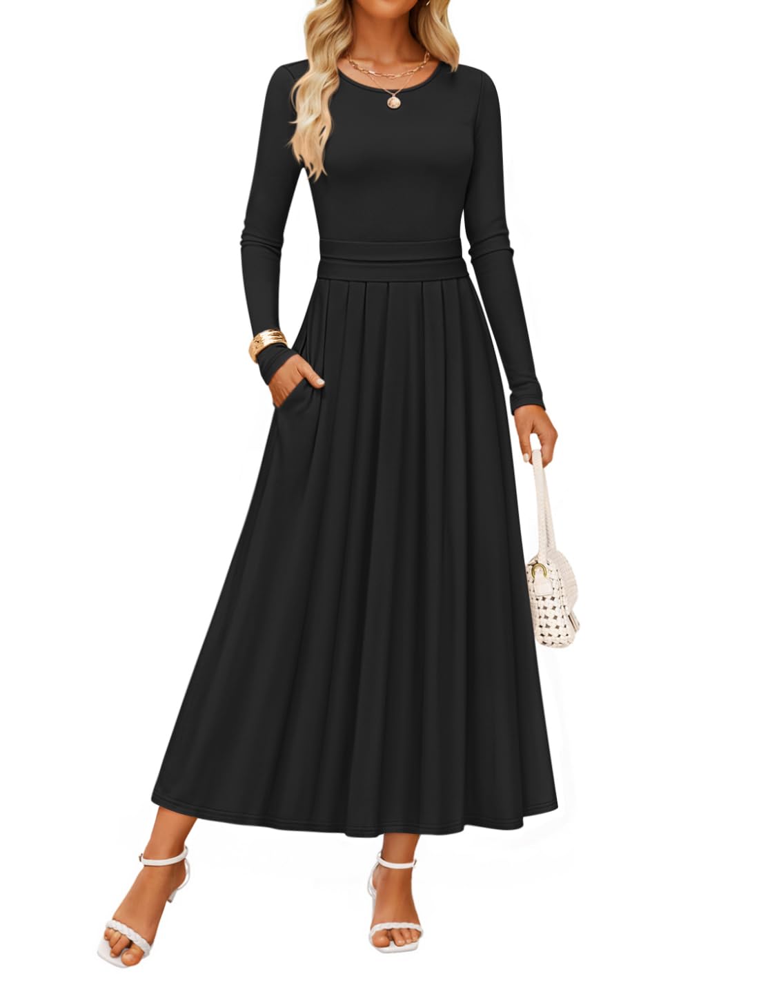 ZESICA Womens Elegant Long Sleeve Maxi Dress 2026 Fall Crewneck Knit High Wasit Pleated Flowy A Line Casual