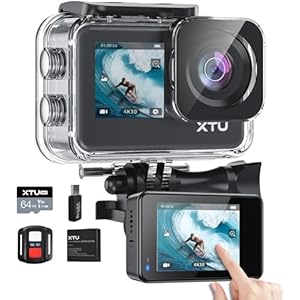 XTU Action Cam 4K30FPS 20MP Ultra HD 2,0 Zoll LCD Touchscreen 40M Unterwasserkamera mit 64GB U3 Speicherkarte,EIS Stabilisierung Action Kamera, 170° Weitwinkel, Fernbedienung und Zubehörkit