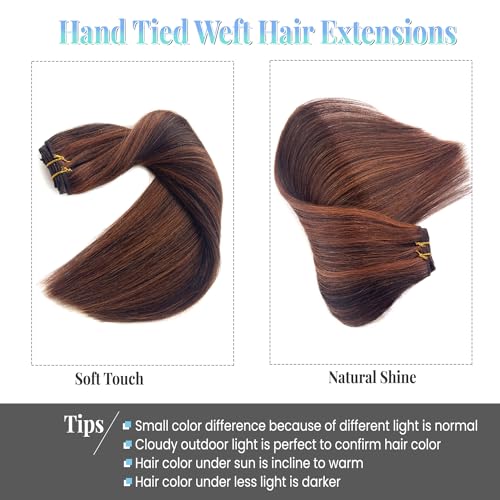 Image of Aubrun Brown Highlights Weft Hair Extensions Human Hair Weave Extensions Dark Brown Balayage Auburn Brown Highlight Sew in Hair Extensions Real Human Hair Wefts 20 Inch Hair Wefts Weave Bundles 100G