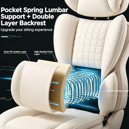 Image of Big and Tall Office Chair 350 LBS, Scratch-Resistant PU Leather Executive Office Desk Chair with Footrest, Ergonomic Reclining Computer Chair with Pocket Spring Support for Home Office, Beige