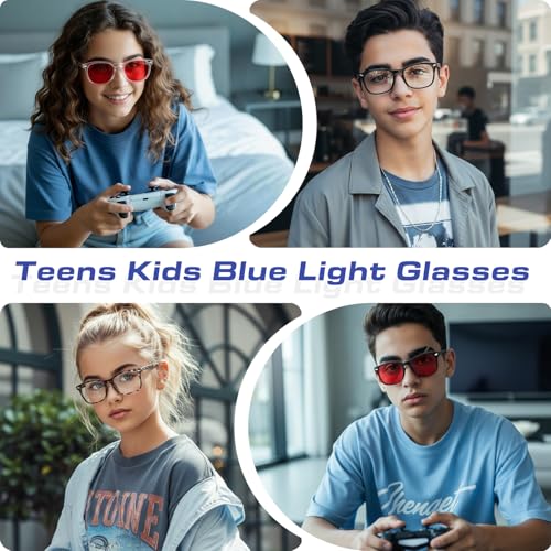 Image of Kids Blue Light Glasses 3 Pack Flexible TR90 Shatterproof Frame, Clear & Red Lenses Kids Fake Glasses 2-18 age