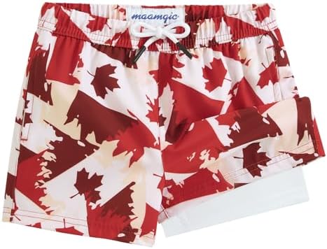 MaaMgic Boys Swim Trunks with Compression Liner Toddler Stretch Quick Dry Swim Shorts Quick Dry 2 in 1 Beach Shorts, Canada Flags, 10-12 Years