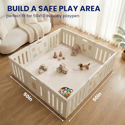 Image of Huloo Sleep Ultra Soft Baby Play Mat for Floor,50x50 Playpen Mat(Beige) | 1.3 inch Thick Elasti-Foam Safe for Toddlers Infant Kids,Water-Repellent Coral Velvet Tummy Time Mat,Non Slip for Crawling