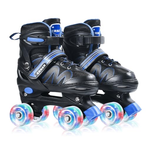 ERNAN Patines 4 Ruedas, 4 tamaños Ajustables con Ruedas Que Brillan en la Oscuridad, Patines de Ruedas para niños,Patines Niña Niño Principiante Regalo (Blue, M)