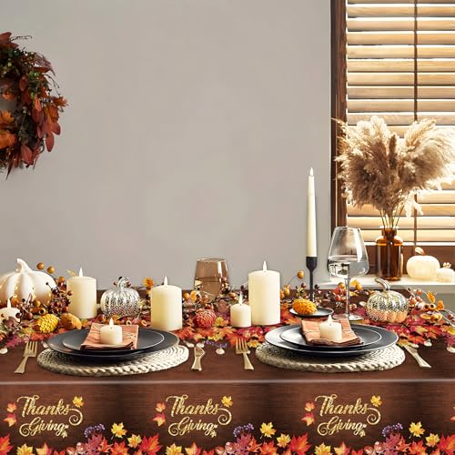Image of Gistome 3 Pack 54 x 108 Inch Fall Maple Leaves Plastic Tablecloth - Rustic Thanksgiving Disposable Table Cover with Autumn Leaves and String Lights for Fall Harvest, Friendsgiving, and Seasonal Decor