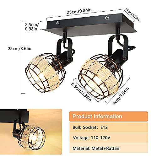 Image of DLLT Vintage LED Track Lighting Kit, 2 Lights Rattan Caged Wall Light Fixture, Industrial Track Ceiling Spotlight for Bedroom Cloakroom Hallway Entryway Balcony Porch