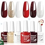 VENALISA Candy Cane Gel Nail Polish Set - 6 Colors Red, Burgundy, Glitter, Gold, Silver, White, Soak Off LED Nail Manicure DIY Art Home Salon Christmas New Year Gifts for Girls.
