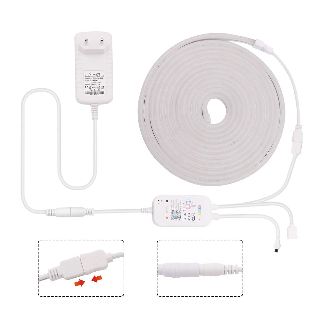 Smart RGB Neon LED Streifen, DC12V 5M 5050 360 LEDs Silikon Flexibler Neonstreifen,WIFI Musiksynchronisierung Neon LED Lichtband mit Fernbedienung & Netzteil für Schlafzimmer,Weihnachtsfeier