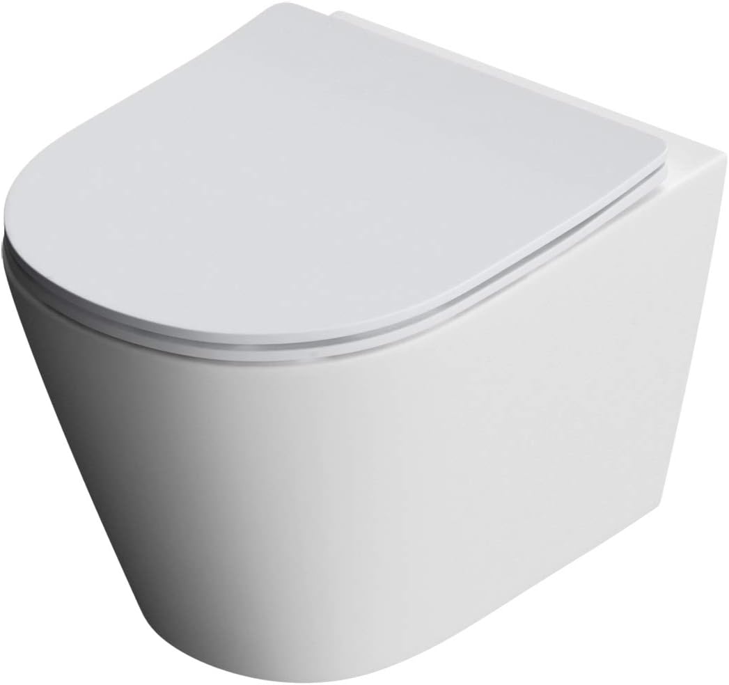 Durovin Bathrooms Ceramic Rimless Wall Hung Toilet - Short Projection - Include WC Pan with Soft Close Seat - Quick Release - 363 x 483 x 360mm (WxDxH)