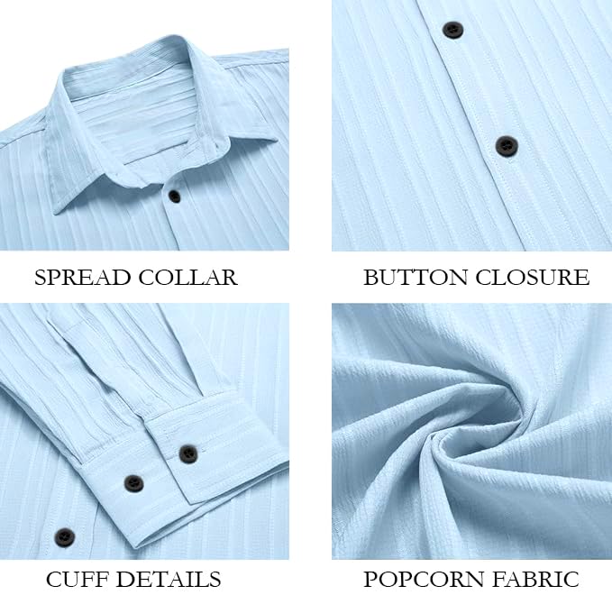 Image of FINIVO FASHION Men's Casual Cotton Plain Button Down Shirt Long Sleeve Textured Summer Beach Shirt for Men