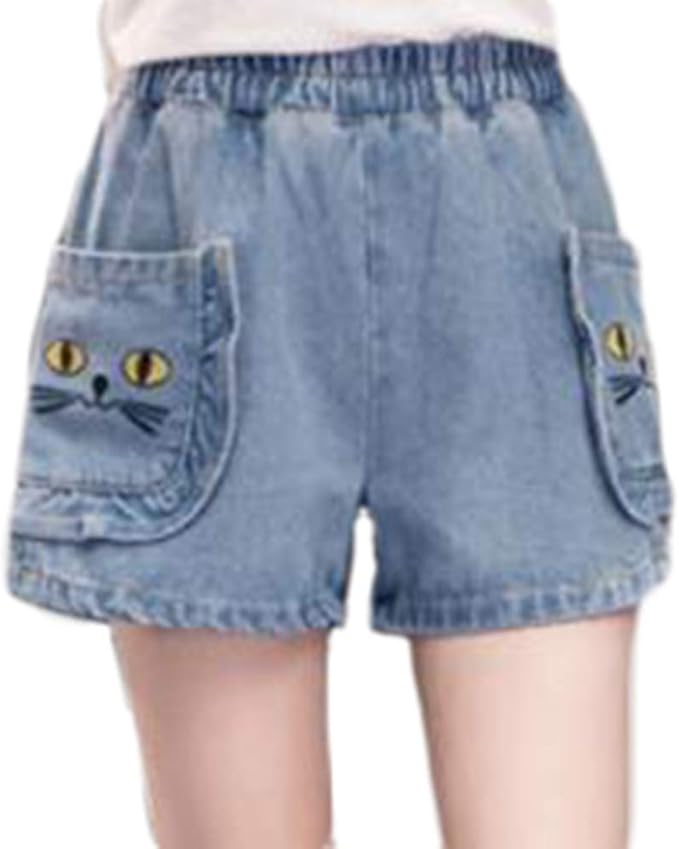 Amazon Bestmoodショートパンツ レディース ゆったり 短パン 猫柄 ファッション デニムパンツ ウェストゴム ハイウェスト ホットパンツ おしゃれ 可愛い 大きいサイズ 夏 ショートパンツ 通販