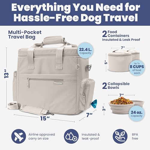Image of The Original Doggy Bag - Complete Dog Travel Bag for Supplies with 2 BPA-Free Travel Dog Bowls & 2 Pet Food Containers - Traveling Kit for Road Trips, Camping, Weekend Away or Doggy Gift: Beige