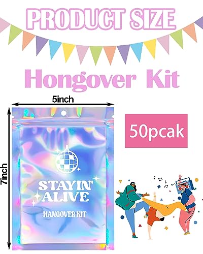 Image of SILFGRLF Stayin' Alive Bachelorette Party Hangover Kits Bags, 50 Pcs Holographic Bags (5 inchx7 inch) Bachelorette Party Supplies Last Disco Party Favors Printed