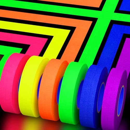 Image of SWRT Neon Gaffer Cloth UV Blacklight Tape for Father's Day Decorations, 6 Rolls Multi-Color UV Fluorescent Glow in The Dark Tape for Party Decoration, Dance Floors, UV Party (0.6 inch x 60 feet)