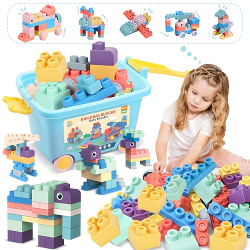 Image of ROHSCE 100PCS Baby Blocks Set with Storage Bucket, Building Block Toys STEM Educational Toddler Gifts, Rubber Soft Blocks for Preschool, Sensory Stacking Toys to Improve Creativity