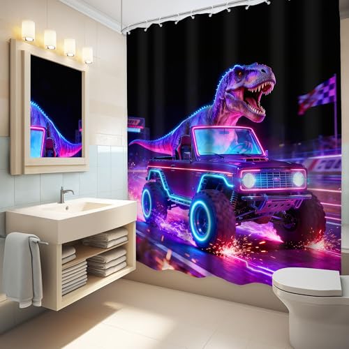 Image of Neon Dinosaur Shower Curtain Bathroom Set 60Wx71H Inches Cool Kids Boys Cartoon Racing Car Funny Dino Colorful Wheels Bath Accessories Interesting Animal Art Home Decor Fabric 12 Pack Hooks