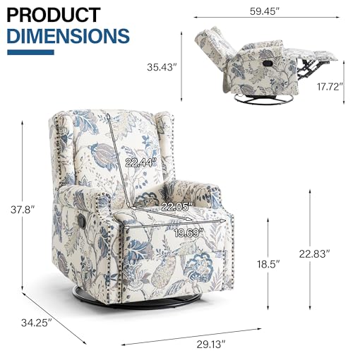 Image of Swivel Rocker Recliner Chairs Set of 2, 360 Swivel Wingback Recliner Chairs for Adults, Upholstered Printed Fabric Glider Rocking Chair with High Back, Deep Seat for Living Romm Bedroom, Plants Blue