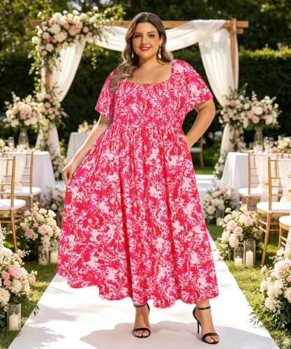 Image of RITERA Plus Size Dresses for Curvy Women Square Neck Short Sleeve Summer Floral Smocked Maxi Dress with Pocket XL-5XL