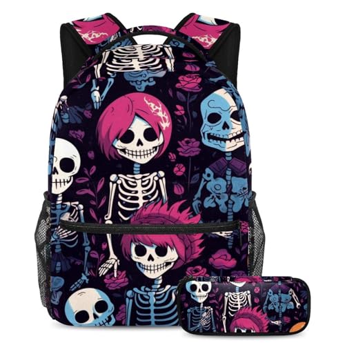 Cartable grande capacité lot de 2 avec trousse motif crâne mignon taille L pour voyage ado