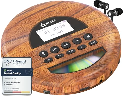 KLIM Nomad Wood - New - Portable CD Player Walkman - Long-Lasting Battery - Includes Headphones - Radio FM - Compatible MP3 CD Player Portable - TF Card Radio FM Bluetooth - Ideal for Cars