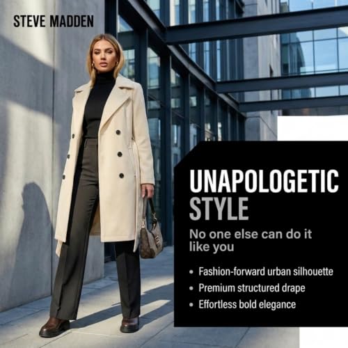 Image of Steve Madden Trench Coat for Women - Double-Breasted Long Winter Faux Wool