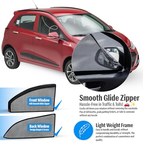 Image of Autofact Magnetic Car Sunshades Compatible with Hyundai Grand I10 Old (2013 to 2019) (Set of 4) - Easy Installation, UV Protection, Keeps Car Cool (Front 2 with Zippers, Rear 2 Without Zippers)